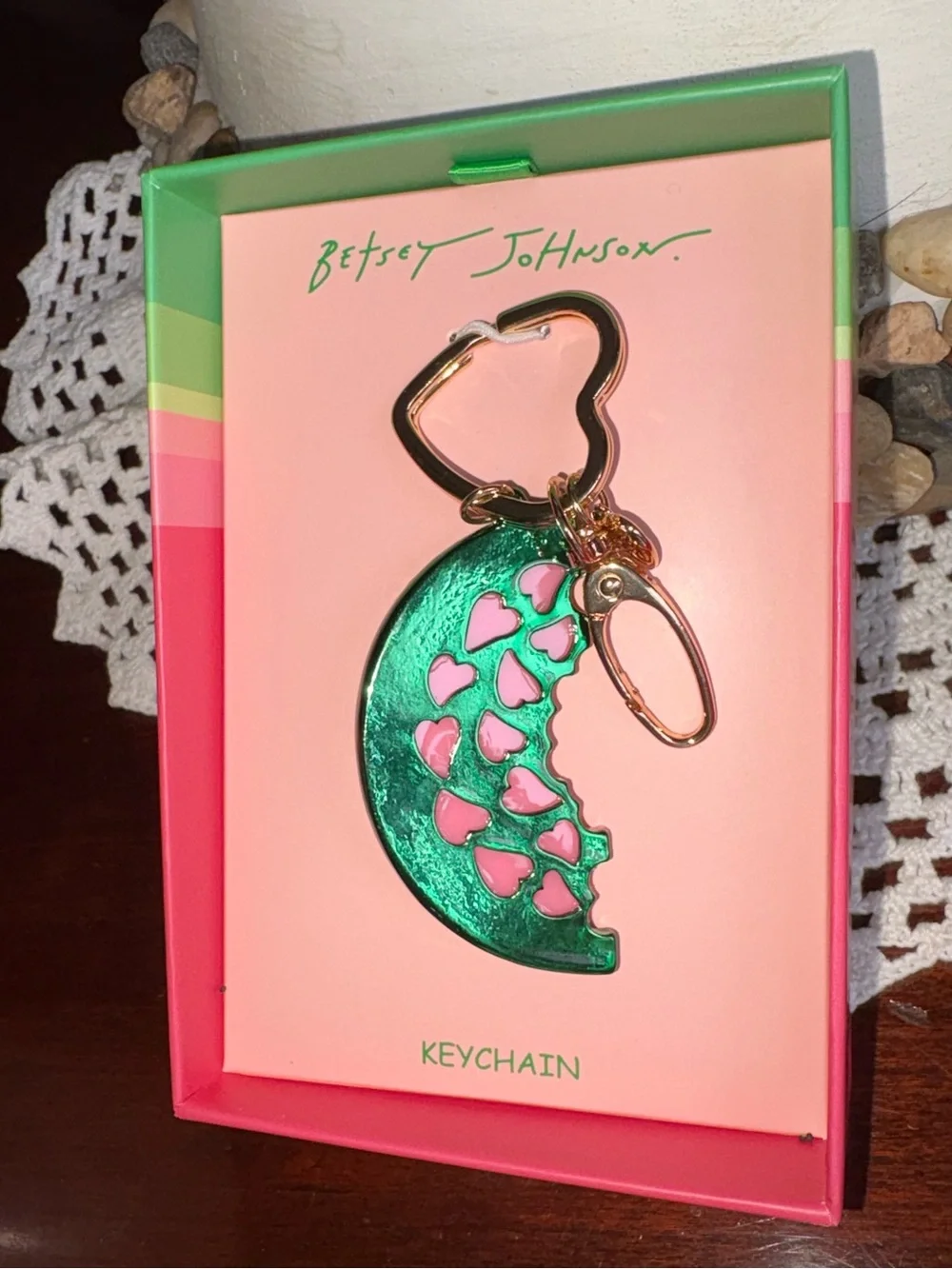 Betsey Johnson Pink & Green Watermelon Crystal Keychain with Gold Heart Ring